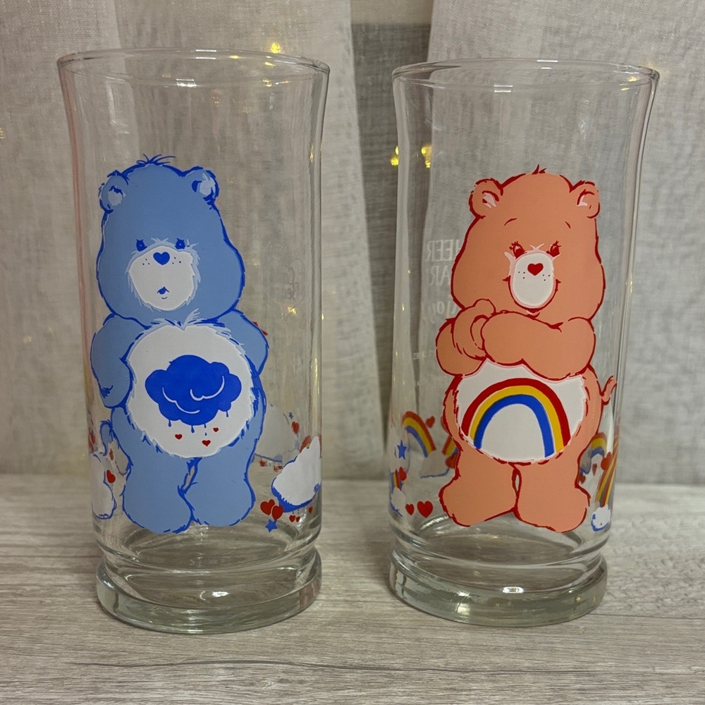 Vintage Care Bears Glass Set with Cheer and Grumpy Bears 1983 Pizza Hut Glasses